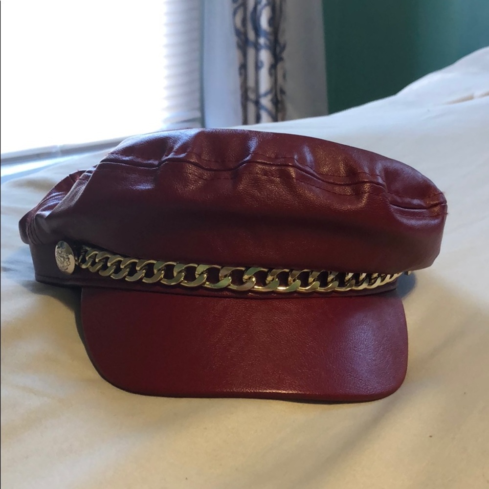 Women’s burgundy faux leather Newsboy hat